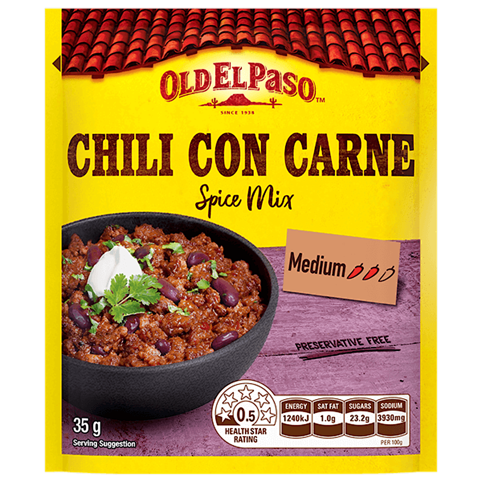a pack of Old El Paso's chili con carne medium spice mix (35g)